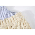 Women's Knitted Woven Collar&Hem Cable Crew-Neck Pullover